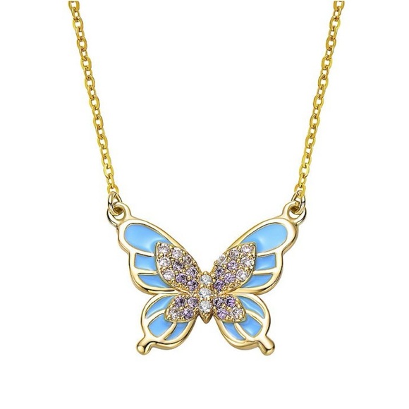Amethyst Cubic Zirconia, 14k Gold Plated  Blue Enamel Butterfly Pendant Necklace - Picture 3 of 5